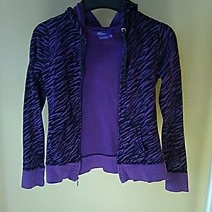 Zebra print purple and black hooded zip up sweater